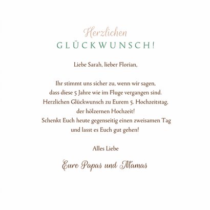 Glückwunschkarte 5. Jahrestag Hölzerne Hochzeit Holzherz 3