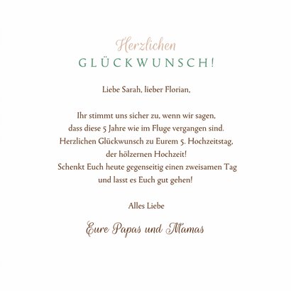 Glückwunschkarte 5. Jahrestag Hölzerne Hochzeit Holzherz 3