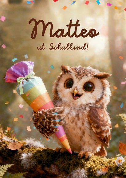Glückwunschkarte Einschulung Eule mit Schultüte 2