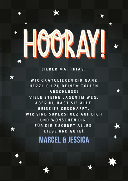 Glückwunschkarte 'Hooray' Bücherstapel, Flammen & Sterne 3