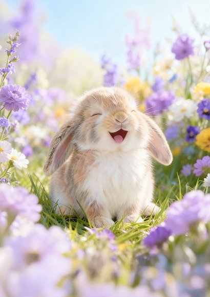 Glückwunschkarte 'Hoppy Birthday' Kaninchen Blumenwiese 2