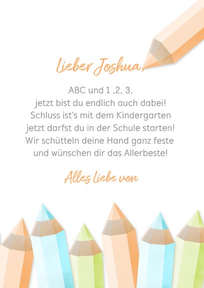 Glückwunschkarte orange Schulanfang Foto & Buntstifte 3