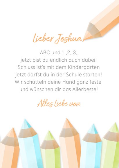 Glückwunschkarte orange Schulanfang Foto & Buntstifte 3