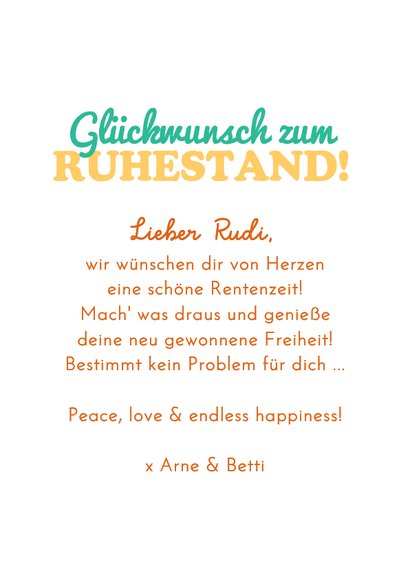 Glückwunschkarte Ruhestand Mann 'Peace, Love & Freedom' 3