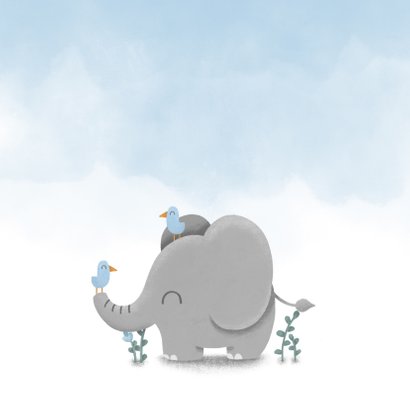 Glückwunschkarte zur Geburt blau mit Elefant und Vögeln 2