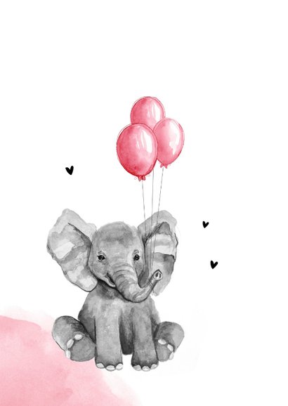Glückwunschkarte zur Geburt Elefant mit rosa Luftballons 2