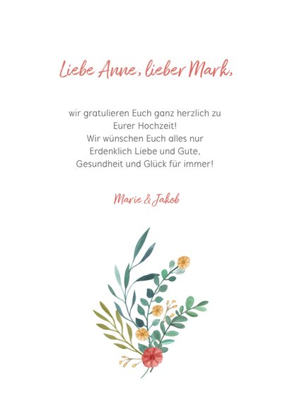 Glückwunschkarte zur Hochzeit Just married mit Blumen 3