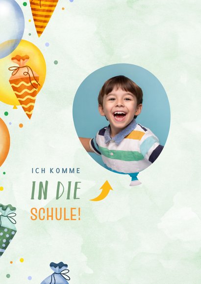 Grüne Einladungskarte Einschulung Ballons & Schultüten 2