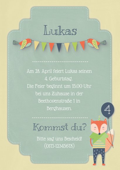 Grüne Einladungskarte Kindergeburtstag kleiner Fuchs 3