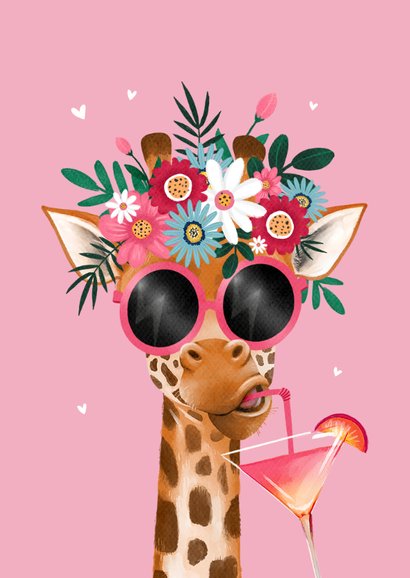Grußkarte Urlaub Giraffe mit Blumen Sonnenbrille Cocktail 2