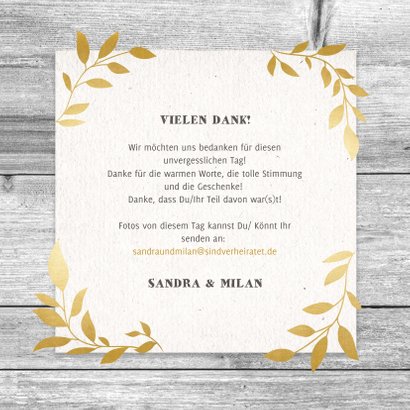 Hippe Dankeskarte Hochzeit mit Holz und goldenen Blättern 3