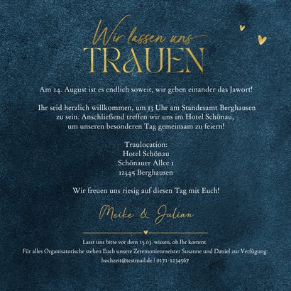 Hochzeitseinladung Goldblätter & Herzen 3