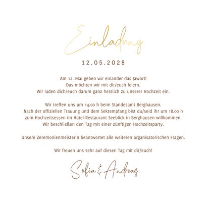 Hochzeitseinladung Goldschrift auf Holz 3