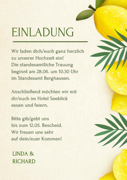 Hochzeitseinladung Zitronen auf Beige Sommer 3