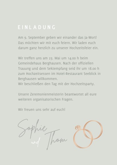 Hochzeitskarte Einladung Blüten & Ringe kupfer 3