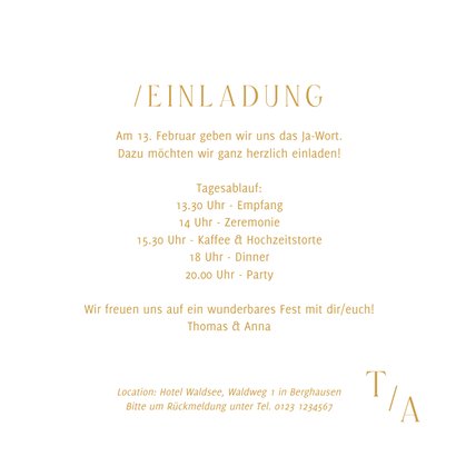 Hochzeitskarte Einladung Goldschrift minimalistisch 3
