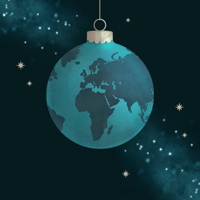 Internationale Weihnachtskarte Weltkugel blau mit Logo 2