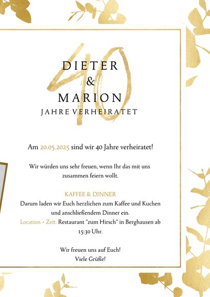 Jubiläumskarte zum 40. Hochzeitstag mit goldenen Blättern 3