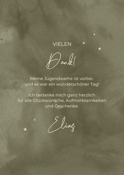 Jugendweihe Danksagung grünes Aquarell Goldschrift & Fotos 3