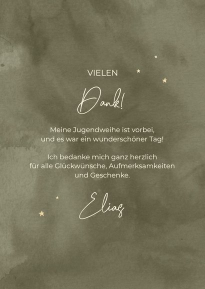 Jugendweihe Danksagung grünes Aquarell Goldschrift & Fotos 3