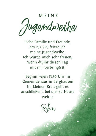 Jugendweihe Einladung Foto Aquarell grün Send a Smile
