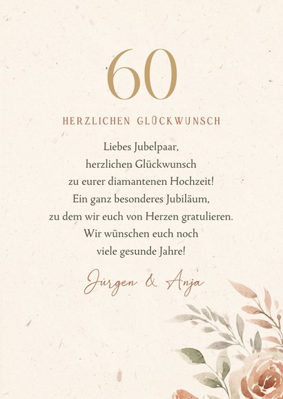 Karte Gratulation 60. Hochzeitstag Rosen in Aquarell 3