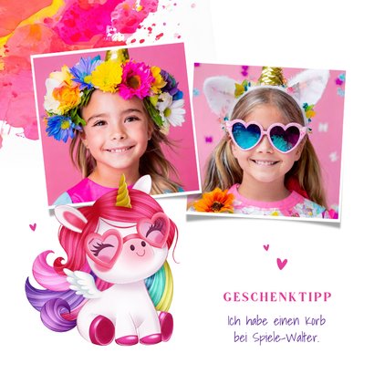 Kindergeburtstag Einladung Foto & buntes Einhorn mit Brille 2