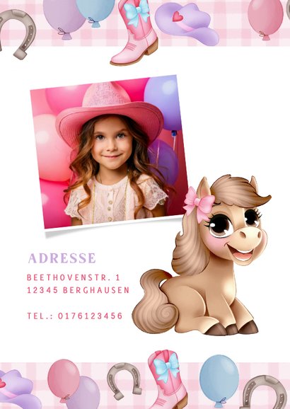 Kindergeburtstag Einladungskarte mit Pony 'Howdy' 2