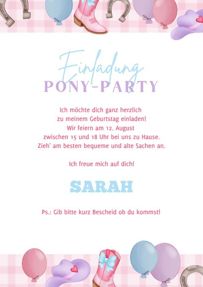 Kindergeburtstag Einladungskarte mit Pony 'Howdy' 3