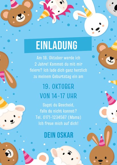 Kindergeburtstagseinladung 2 Jahre blau lustige Tiere 3