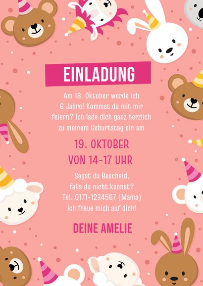 Kindergeburtstagseinladung pink lustige Tiere 3