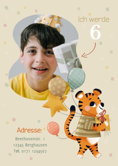 Kindergeburtstagseinladung Tiger mit Luftballons 6 Jahre 2