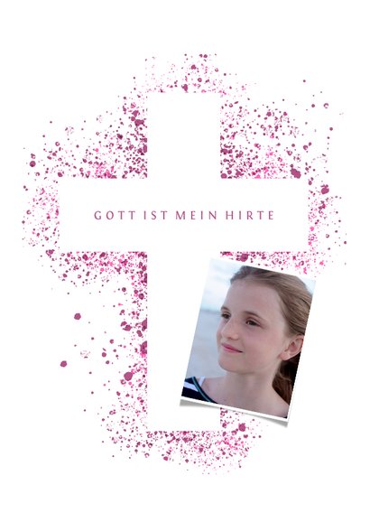 Kommunionskarte eigenes Foto Kreuz pink Farbspritzer 2