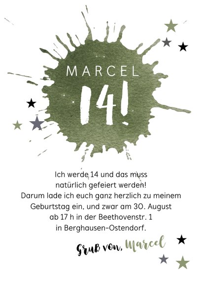 Moderne Einladung zum 14. Geburtstag mit Farbfleck 3