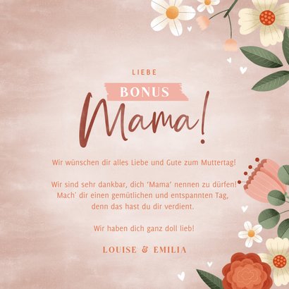 Muttertagskarte Bonusmama mit Blumenkranz & Herzchen 3