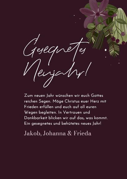 Neujahrskarte christlich Taube und Zweige mit Foto lila 3