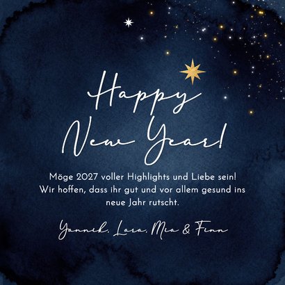 Neujahrskarte Foto in herz 2027 gold auf blau Sternchen 3