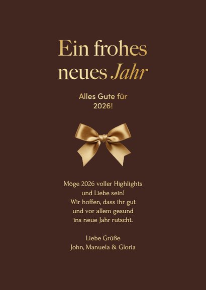 Neujahrskarte goldene Schleife auf Braun 3