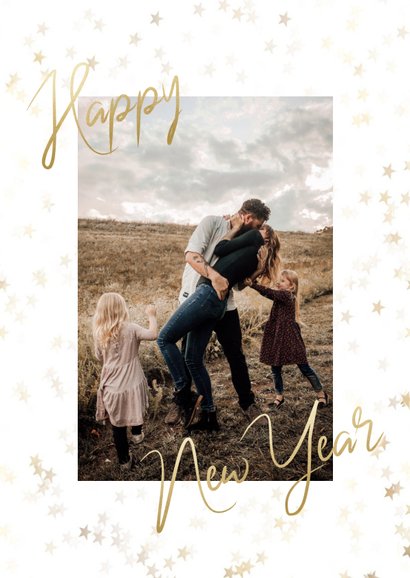 Neujahrskarte goldene Sterne, Foto und happy new year 2