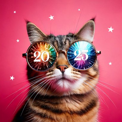 Neujahrskarte Katze mit Feuerwerk-Sonnenbrille 2