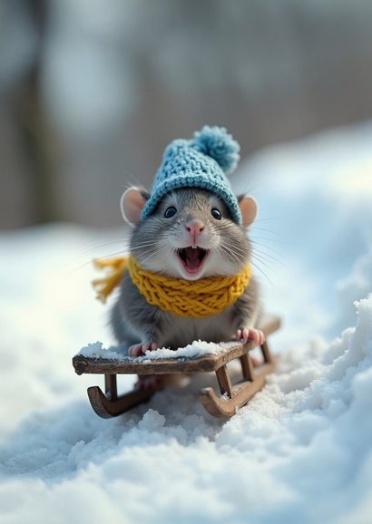 Neujahrskarte lustige Maus auf Schlitten 2