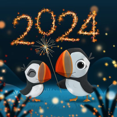 Neujahrskarte Papageientaucher Feuerwerk 2