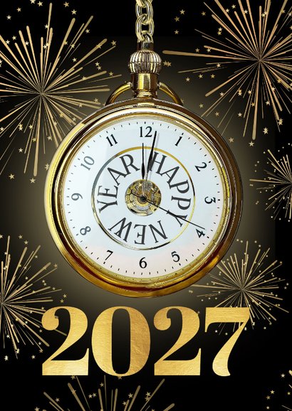 Neujahrskarte Uhr und Feuerwerk 2