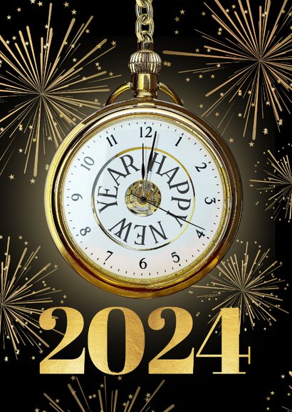 Neujahrskarte Uhr und Feuerwerk 2