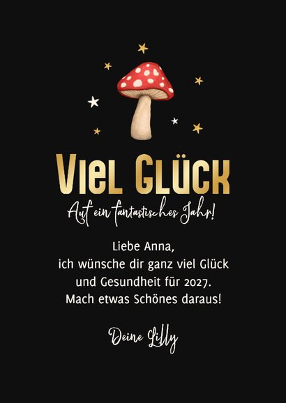Neujahrskarte 'Viel Glück' Fliegenpilz mit Feuerwerk 3