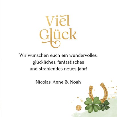 Neujahrskarte 'Viel Glück' Kleeblätter und Hufeisen 3