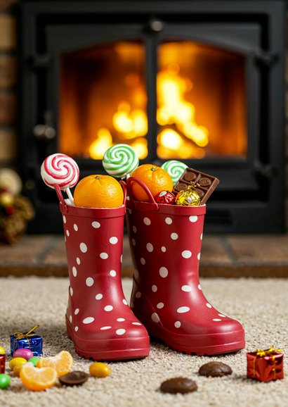 Nikolaus Weihnachtskarte gefüllte Stiefel Kamin 2