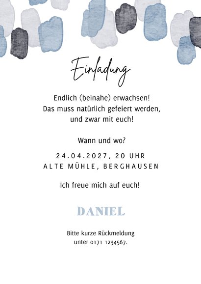 Partyeinladung Geburtstag blaue Aquarelltupfen 3