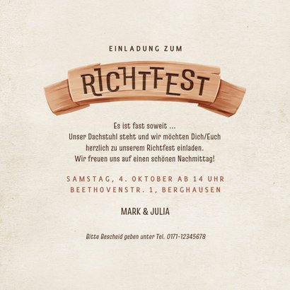 Richtfest Einladung Holzbanner 'Fast fertig' 3