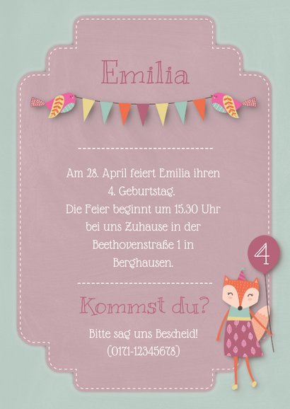 Rosa Einladungskarte 4. Kindergeburtstag kleiner Fuchs 3